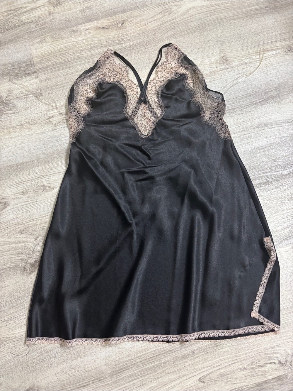 Victoria's Secret Black Satin Chemise with Blush Lace